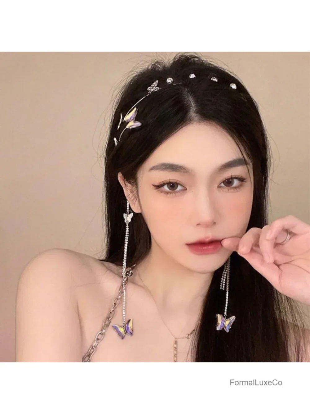 Crystal Rhinestone Butterfly Tassel Headband Vintage Bridal Hair Hoop